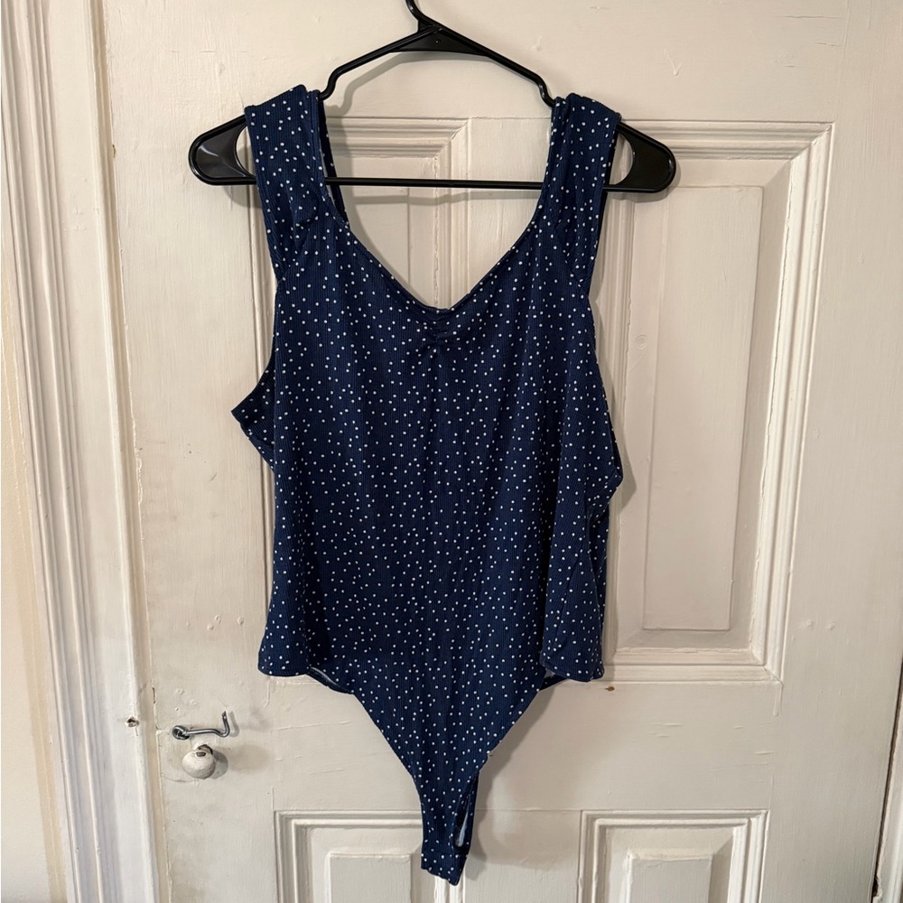LC Lauren Conrad Navy and White Polka Dot Bodysuit
